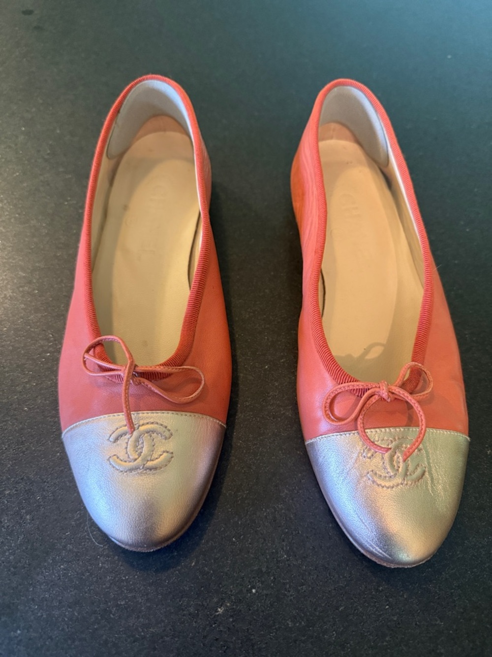CHANEL Coral and Metallic Silver Leather Cap-Toe Ballet Flats
